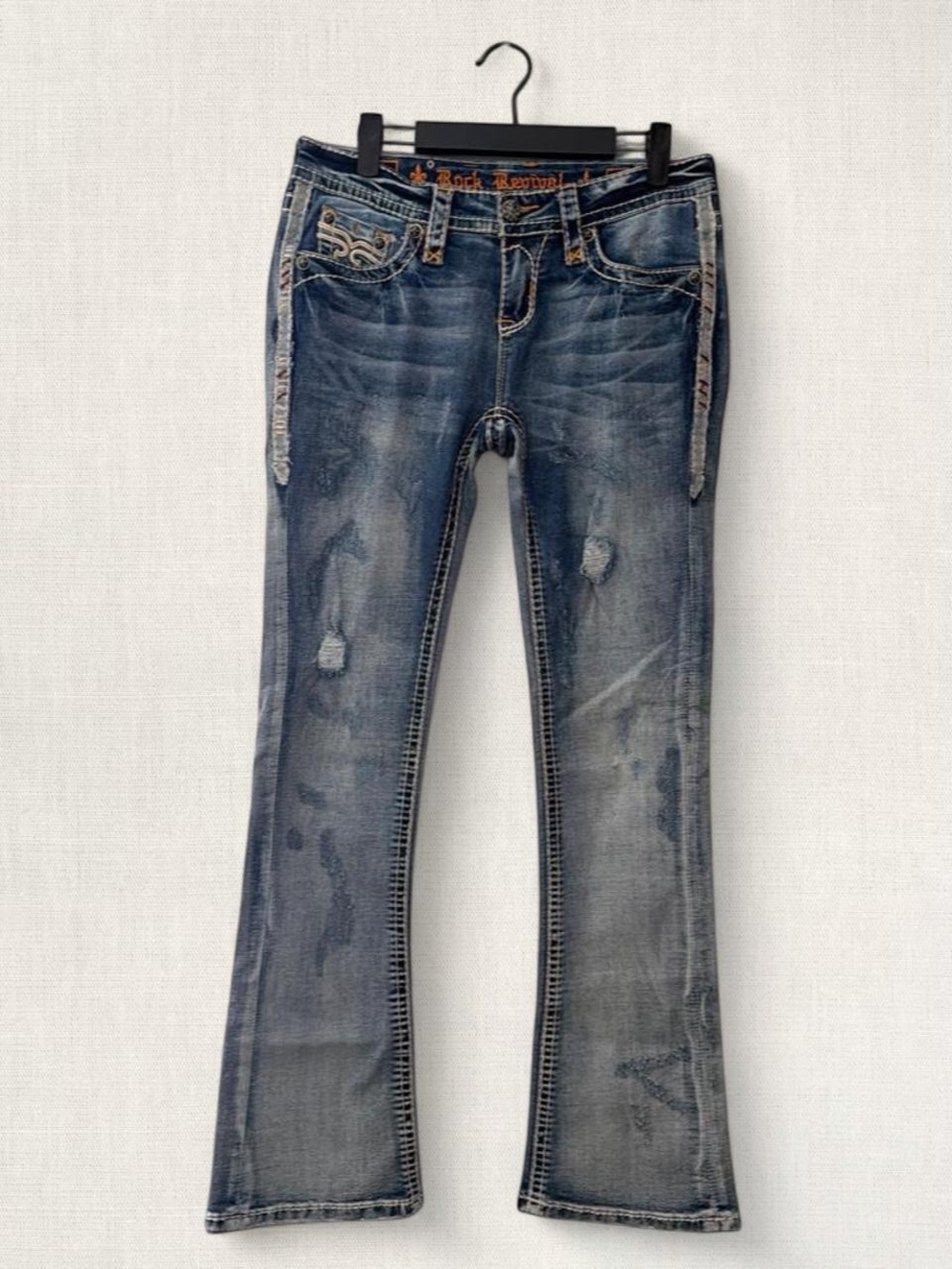 Rock Revival Womens Distressed Cameo Boot Jeans with Pockets Size 28, 30” Inseam